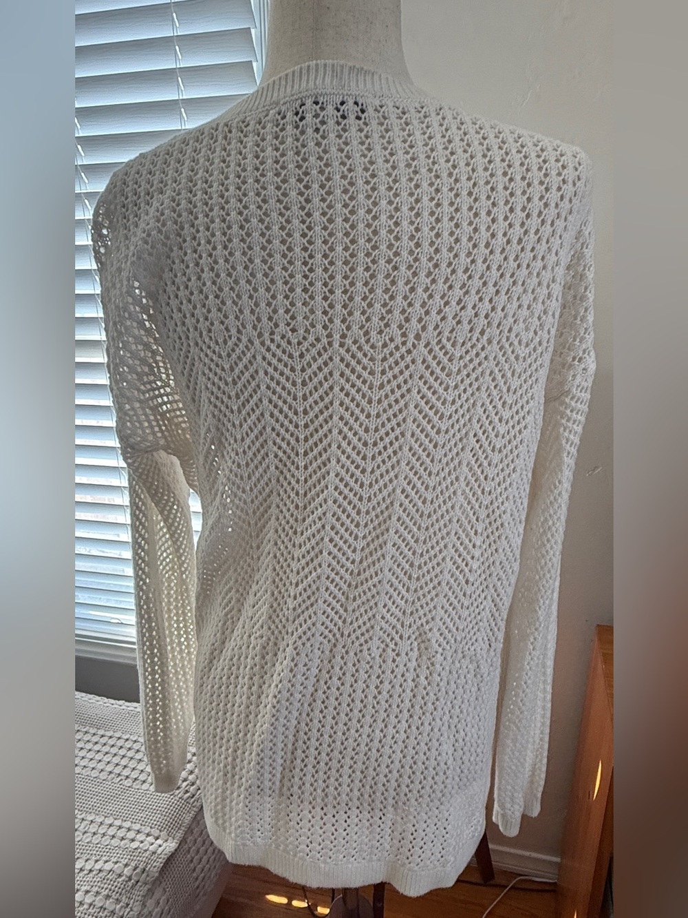 LOFT Ivory Open-Knit Lace top with Ribbed Neck - Picture 2 of 4